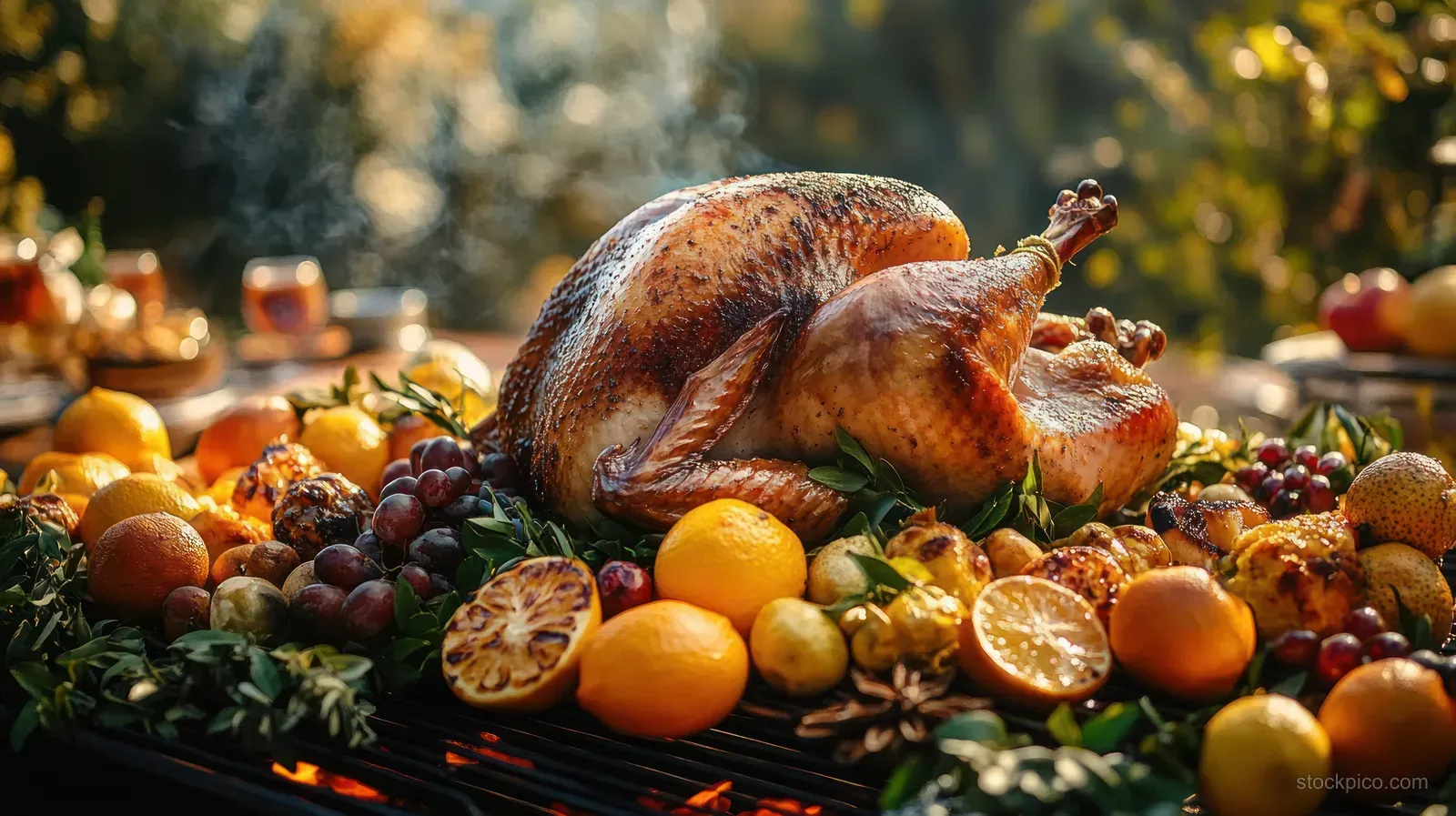 Golden roasted whole turkey rests on an outdoor grill surrounded by citrus fruits, grapes, and herbs in warm light.