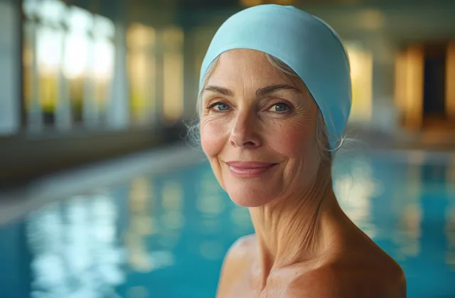 Smiling elderly woman wearing a light blue swimming cap stands by an indoor pool with blue water behind her.