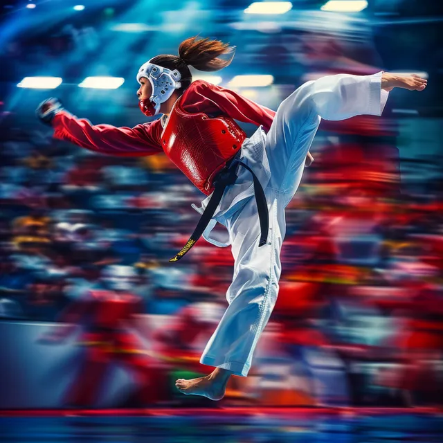 Turkish taekwondo athlete high-kicking midair in a competition arena with blurred lights and crowd background.