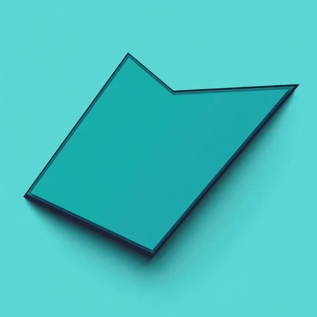 箭头形的绿松石色3D几何板块在青绿色背景上投下清晰阴影。