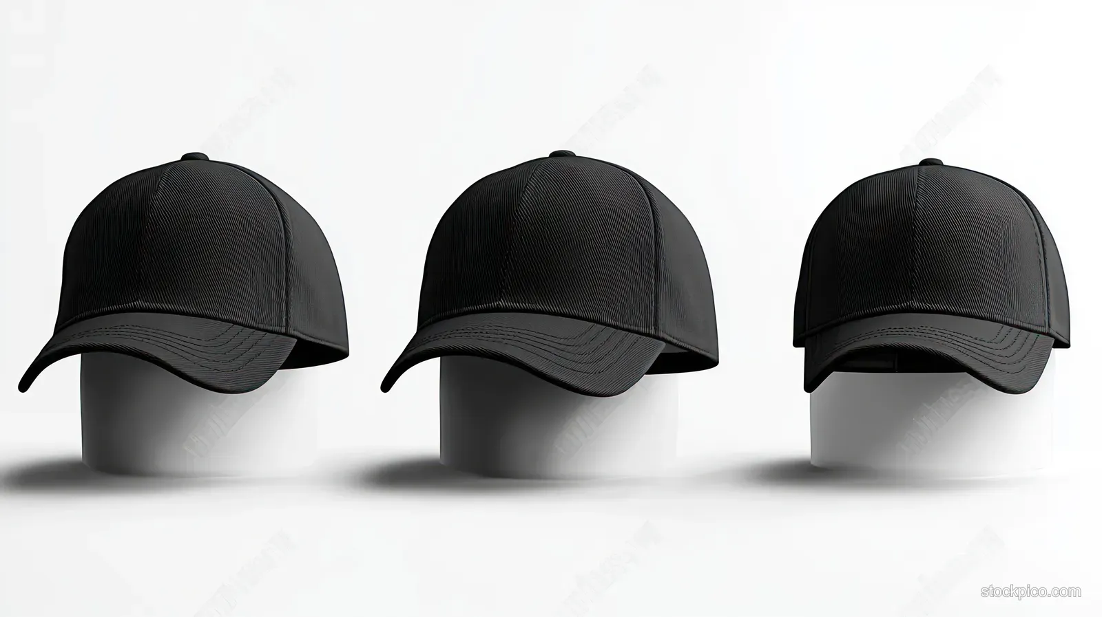 Three black baseball caps are shown from different angles on a white background with soft shadows.