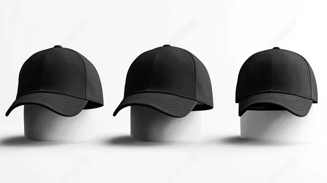 Three black baseball caps are shown from different angles on a white background with soft shadows.