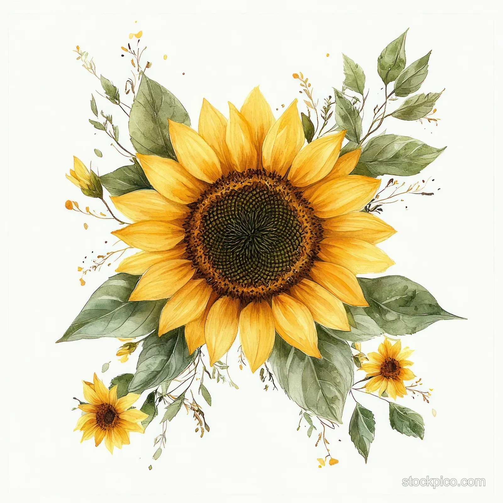 Watercolor sunflower centerpiece with green leaves and small yellow blooms arranged in a decorative frame on an off-white background.
