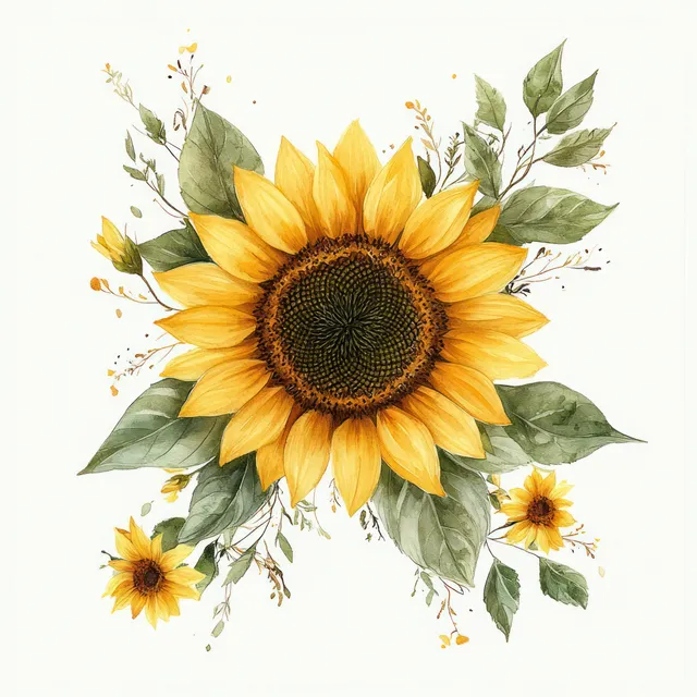Watercolor sunflower floral frame with leaves and small blooms on soft off-white background