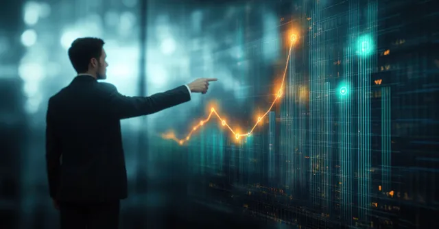 Businessman pointing at rising finance chart with glowing data in cityscape