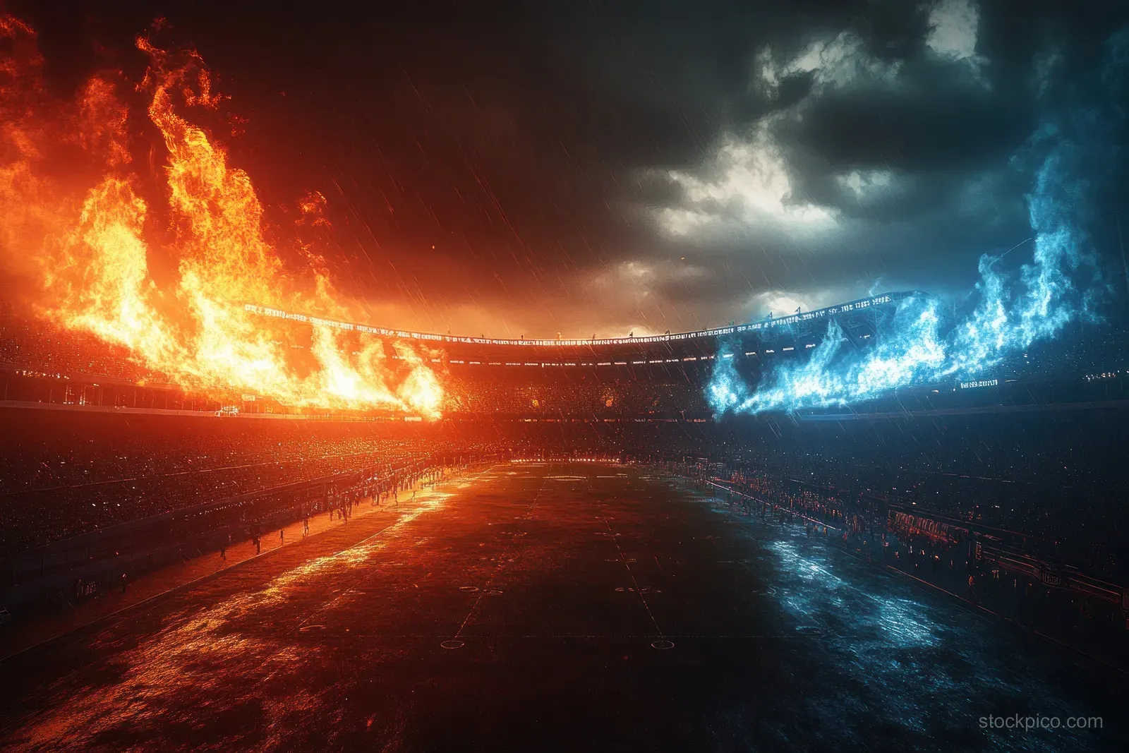 Orange fire and blue ice flames split a football stadium as storm clouds gather over an empty field.