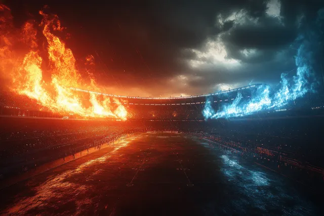 Fire and ice flames erupt in a football stadium under stormy clouds