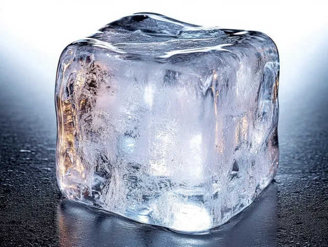 A clear melting ice cube reflects light on a wet, dark textured surface.