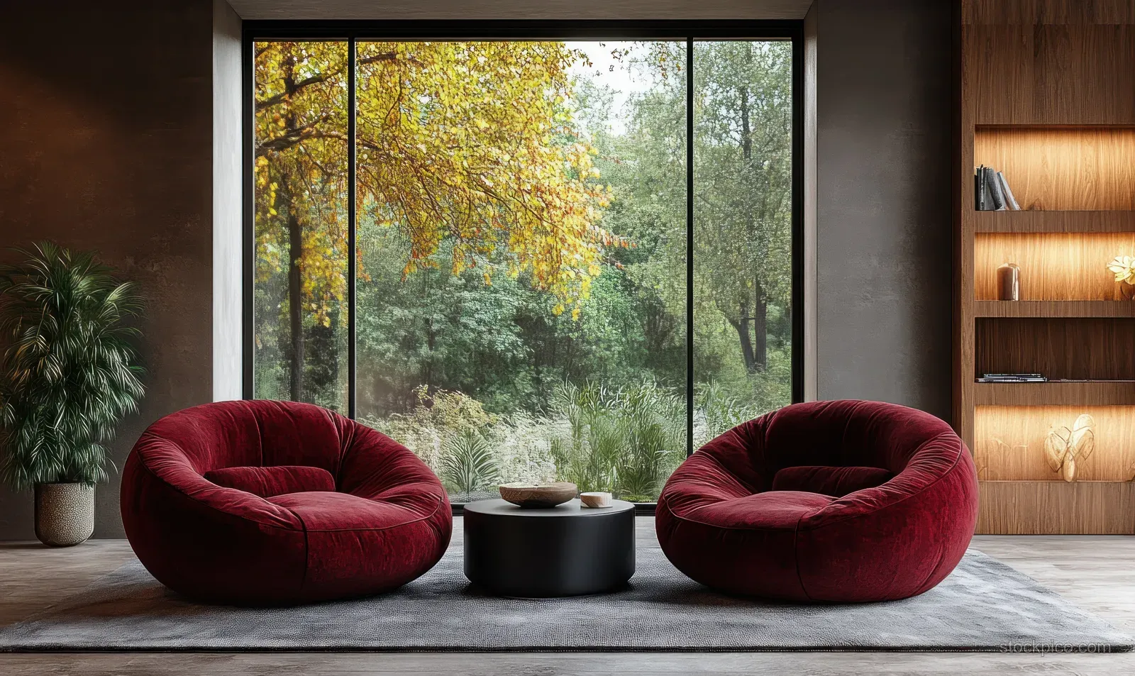 Two burgundy lounge chairs sit around a black coffee table in a warm living room lit by window light and framed by shelves.