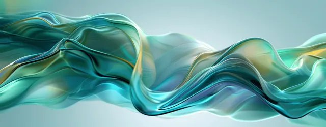 Futuristic blue-green glass waves flowing across a glossy abstract gradient background