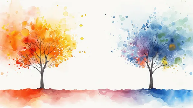 Two watercolor trees blooming from opposite sides on a pastel rainbow sky
