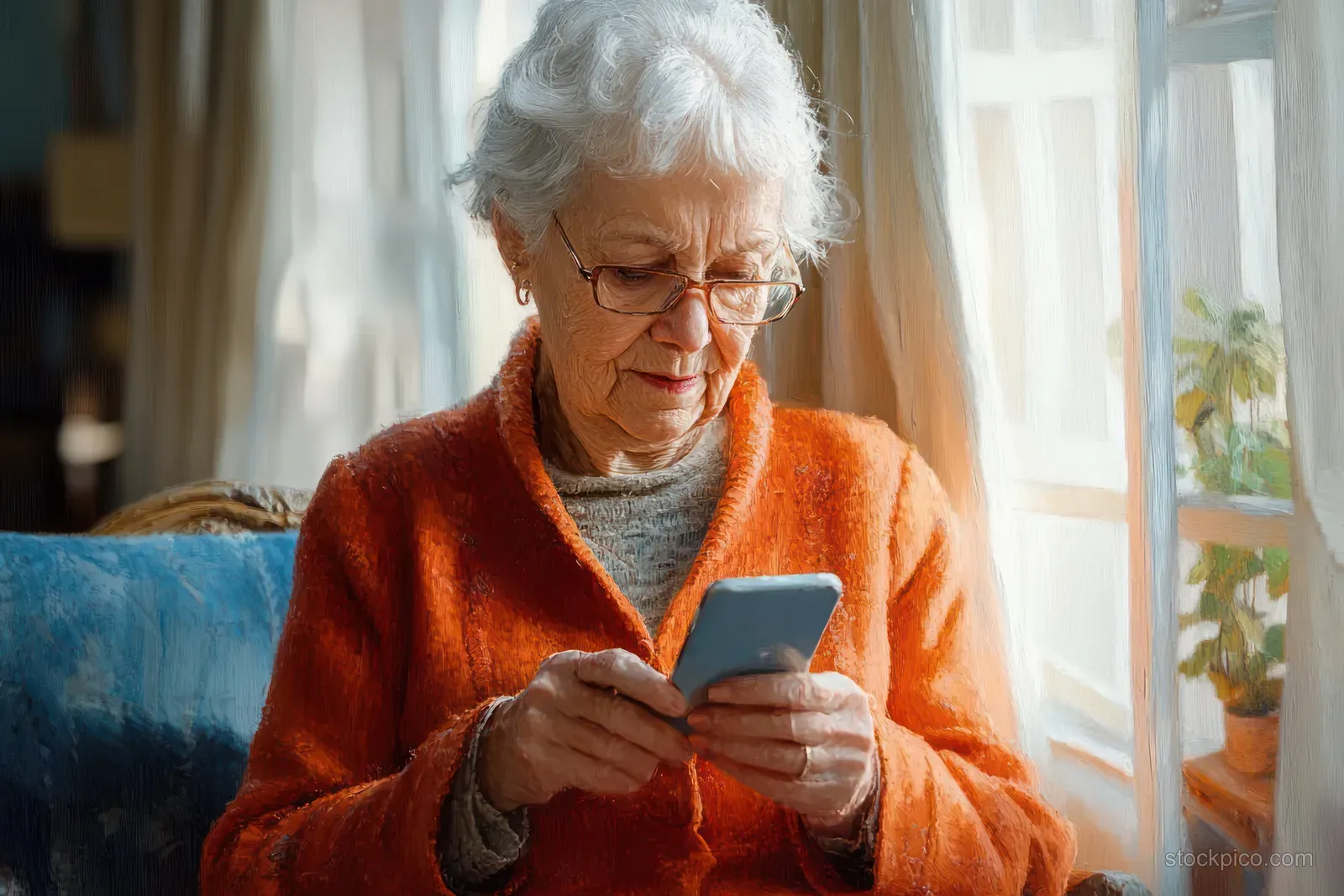 Elderly woman in an orange sweater smiles while texting on a smartphone in a sunlit living room.