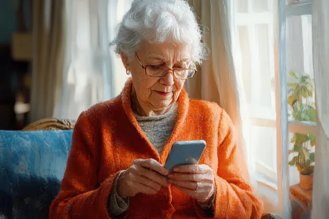 Elderly woman in an orange sweater smiles while texting on a smartphone in a sunlit living room.