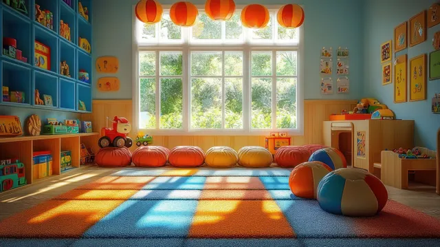 Sunlit children’s playroom with toy shelves, colorful storage units, and soft play mats on the floor.