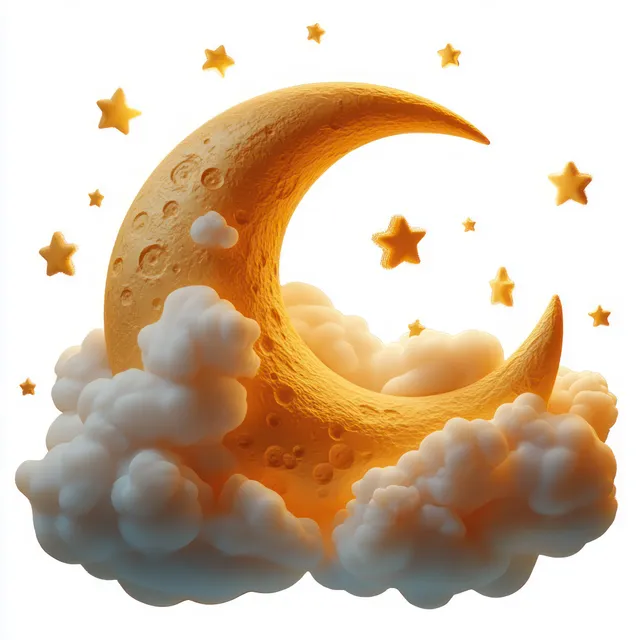 Golden crescent moon with textured surface above fluffy white clouds and glowing stars.