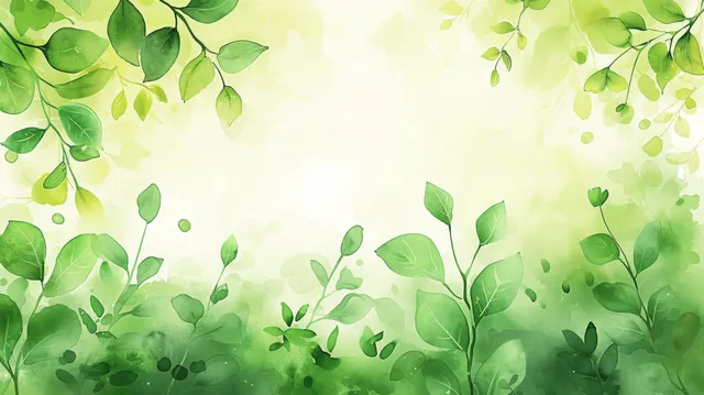 Watercolor spring leaves and greenery form a soft background with pale light and small paint splatters.