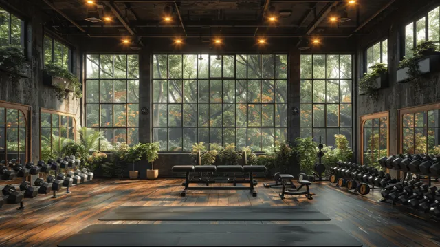 Sunlit gym interior with bench press, dumbbells, and treadmills beneath large window panels.