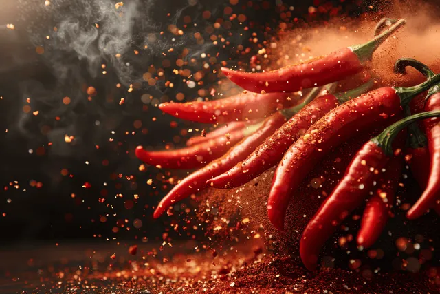 Red chili peppers with chili powder and flakes scattering through warm, fiery lighting.