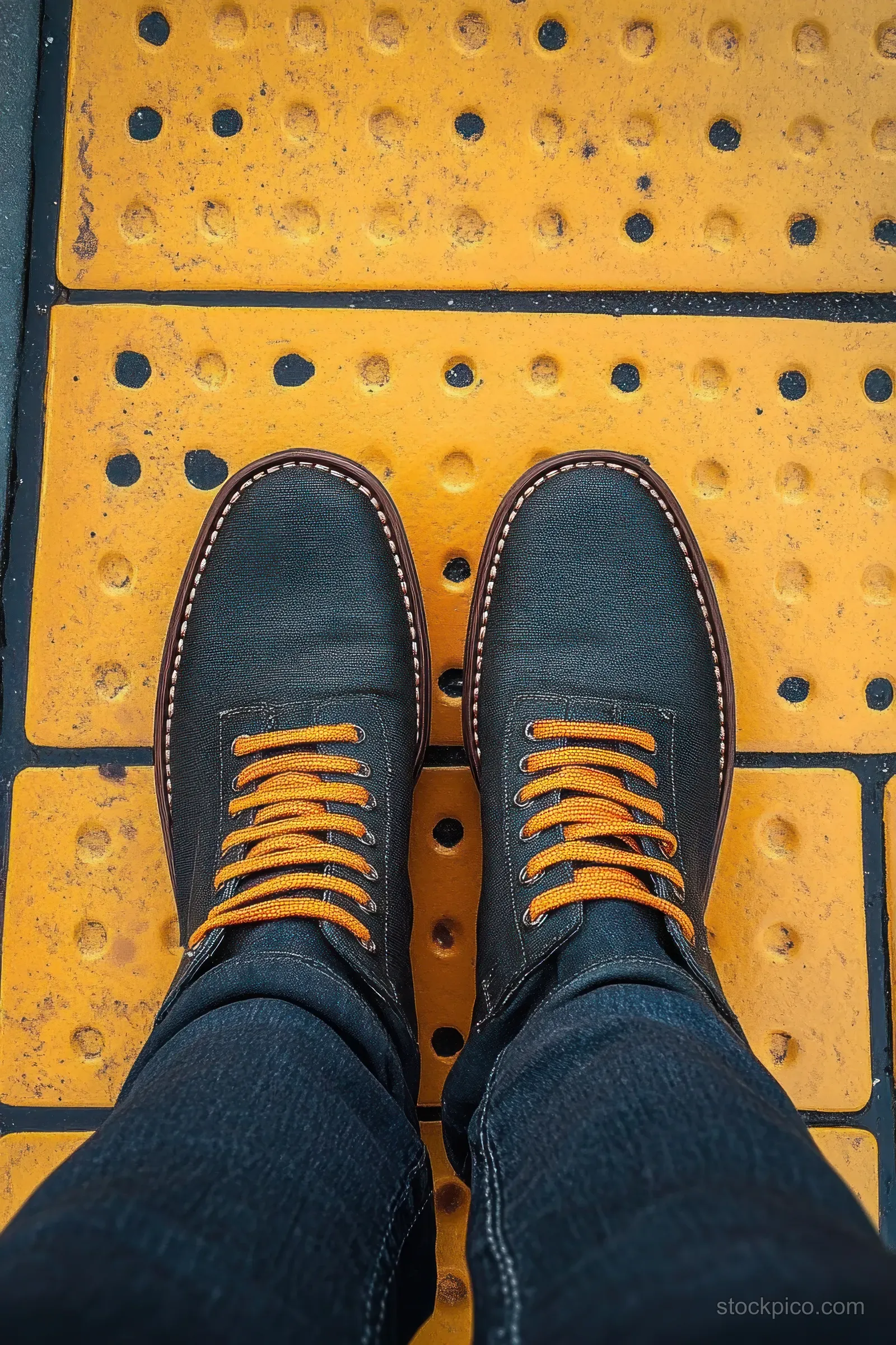 Dark sneakers with orange laces rest on yellow tactile paving blocks on a city sidewalk.