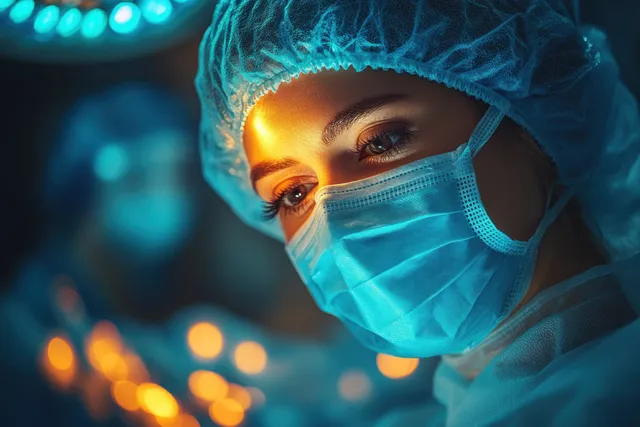 Practitioner holding a mesotherapy needle near a patient’s cheek in a blue-lit clinical setting.