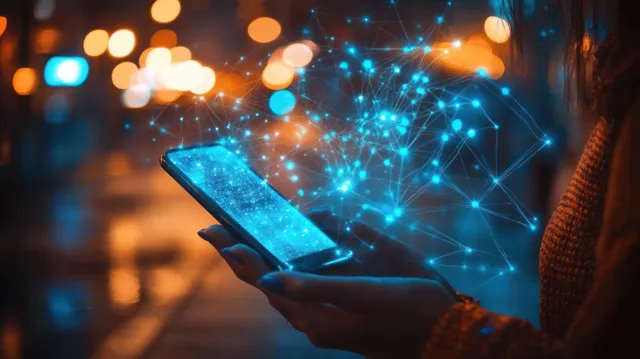 A person holds a smartphone showing a glowing blue digital network web over a dark city street at night.