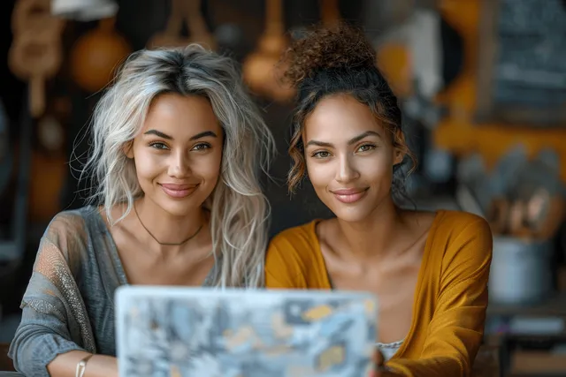 Two businesswomen look at a laptop screen while seated at a table in an office with people blurred behind.