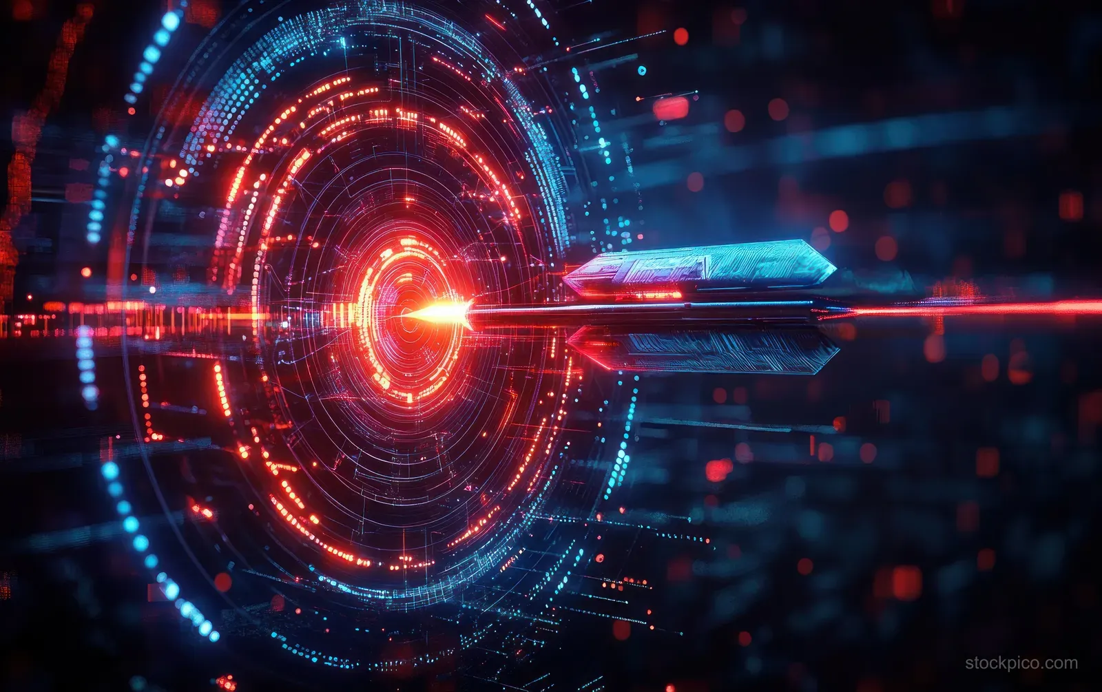 A glowing arrow strikes the center of a neon digital target with surrounding circuitry and floating data points.