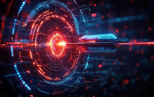 A glowing arrow strikes the center of a neon digital target with surrounding circuitry and floating data points.