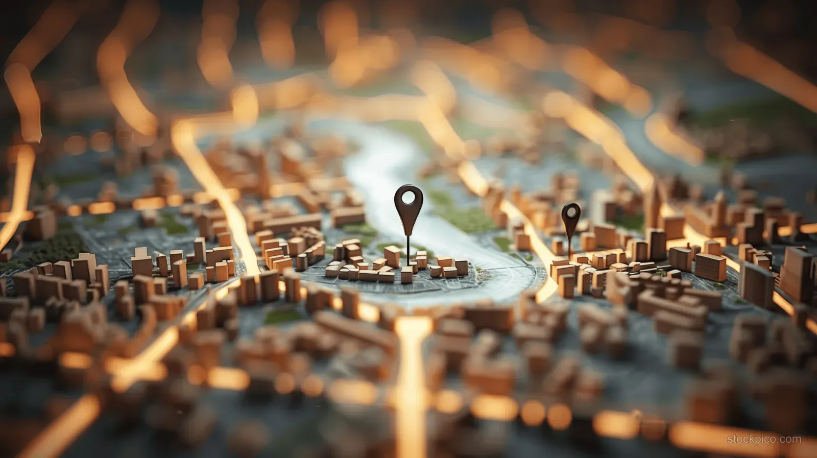 A 3D city map with a central location pin above blurred streets and glowing roads.