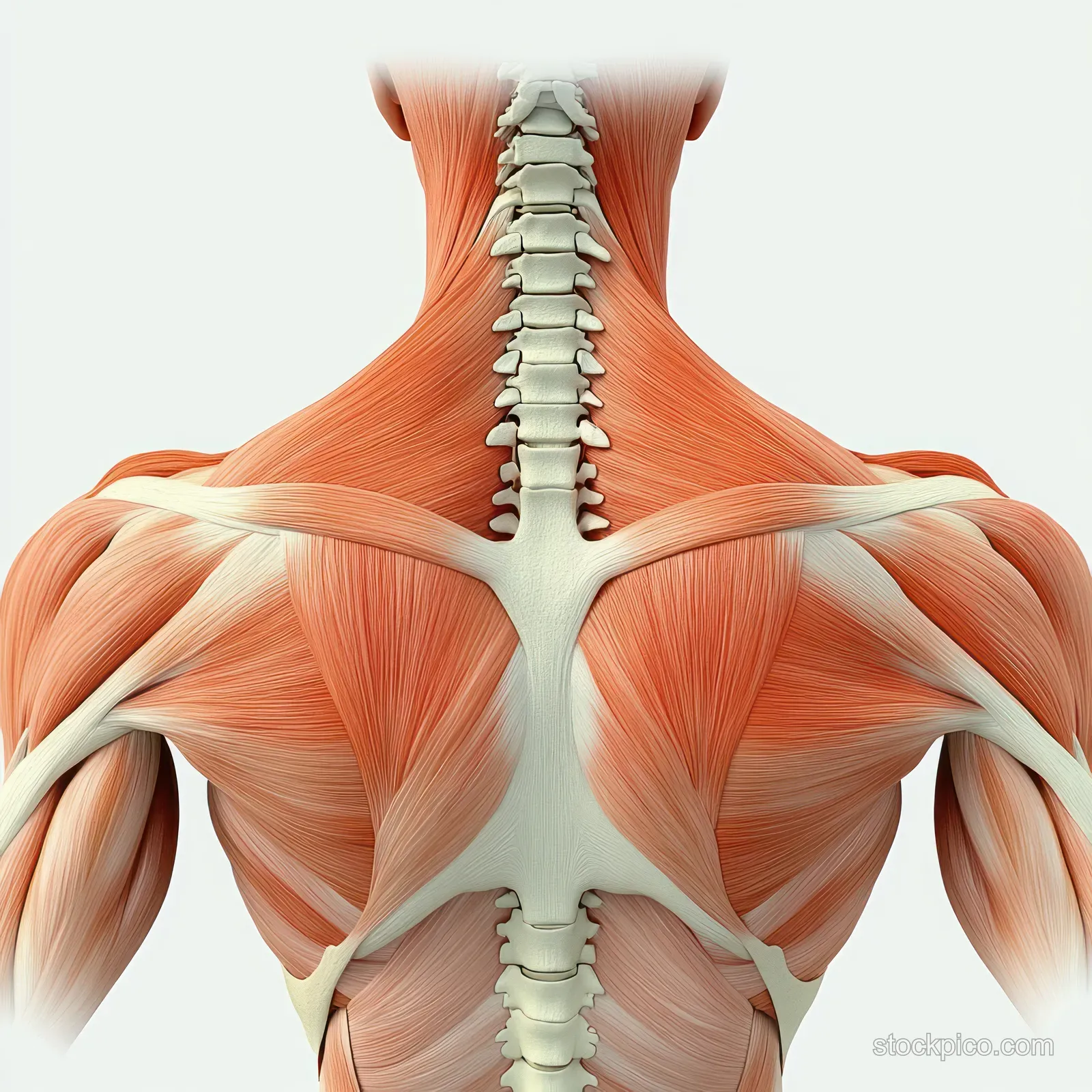 Posterior upper-back anatomy illustration with visible spine and shoulder muscles including rhomboid major and trapezius.