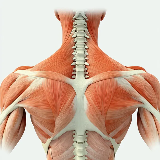 Posterior upper-back anatomy illustration with visible spine and shoulder muscles including rhomboid major and trapezius.