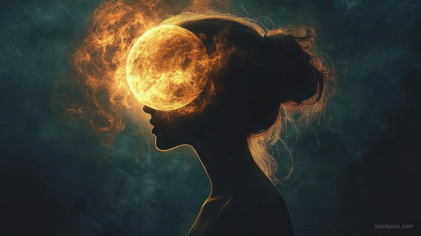 Woman’s profile silhouette with a fiery glowing orb overlapping her face surrounded by smoke and light.