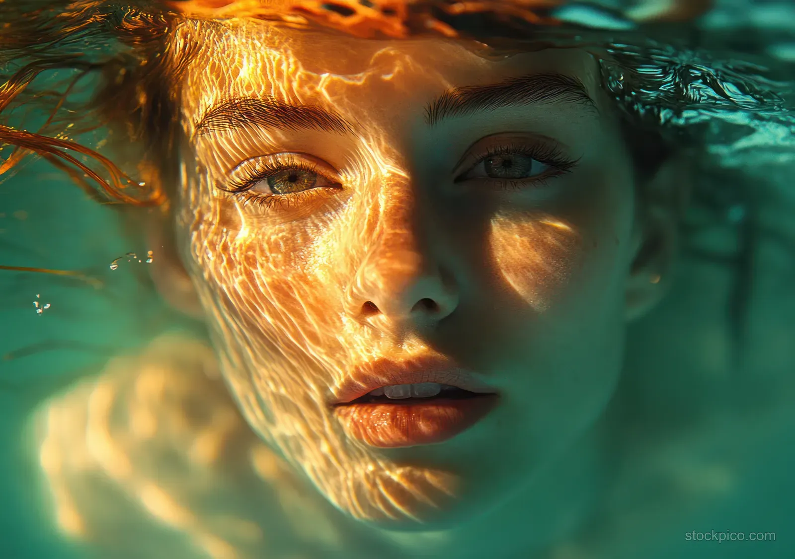 A woman’s face is half-submerged in water while sunlight creates shimmering ripples on her skin.