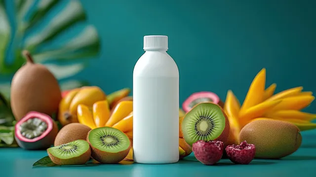 White plastic bottle on teal surface surrounded by tropical fruits with blurred leaf background.