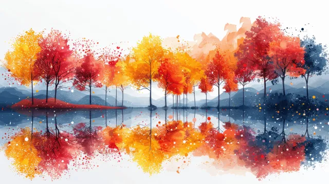 Abstract colorful autumn trees painted on white with watercolor-like splatter and reflections