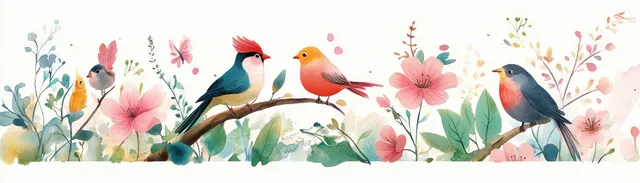 Watercolor Birds and Butterflies in a Wildflower Meadow