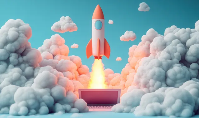 A rocket launches from a glowing laptop screen into fluffy pastel clouds.