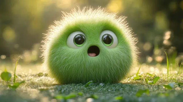 A fluffy green round creature with wide eyes and an open mouth sits on mossy ground with small plants in soft sunlight.