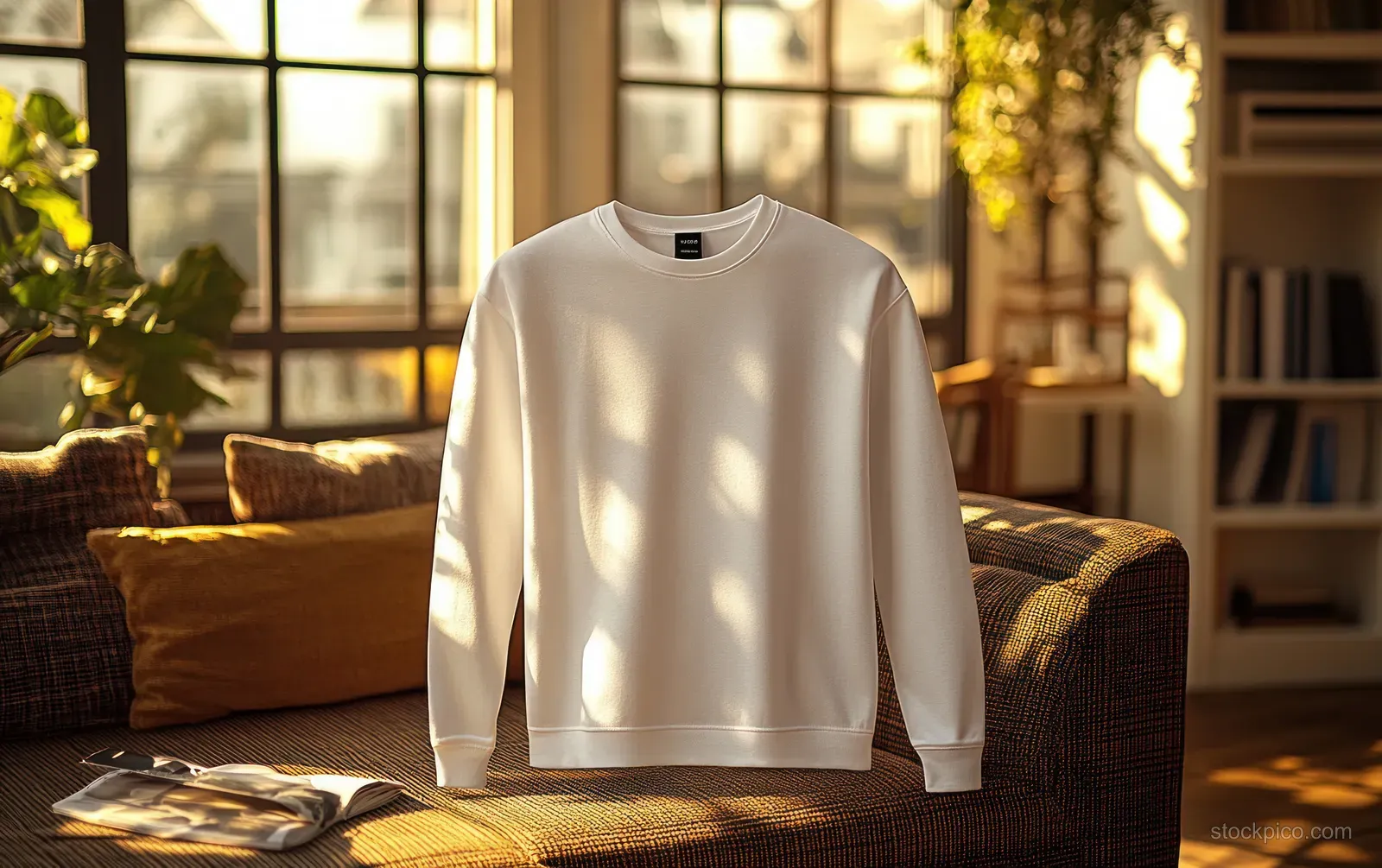 Blank long-sleeve V-neck t-shirt mockup on a bed with warm sunlight from a window.