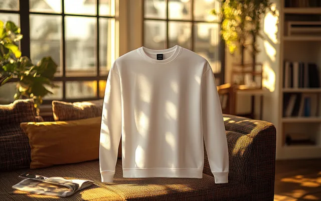 Long-sleeve V-neck t-shirt mockup on bed with warm window light and soft shadows