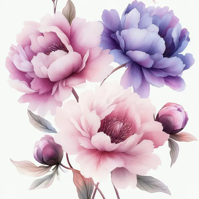Peonies painted in soft pink and lavender with delicate leaves on minimal watercolor background