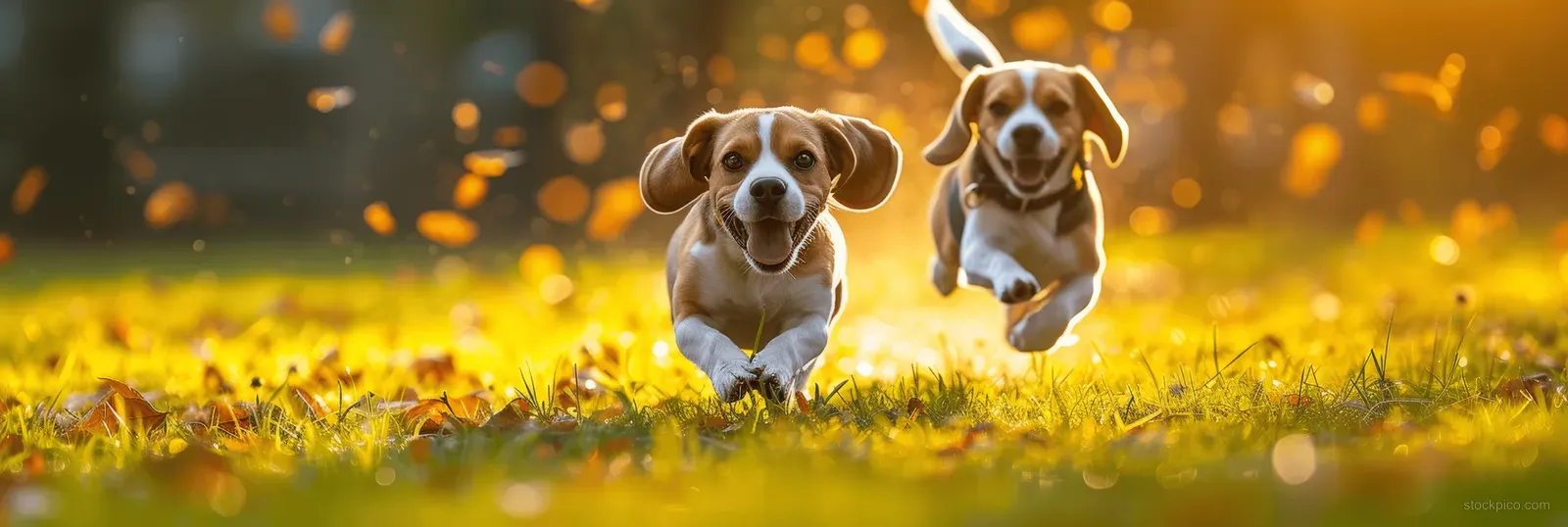 Two beagles run joyfully through sunlit golden grass in a park at golden hour.