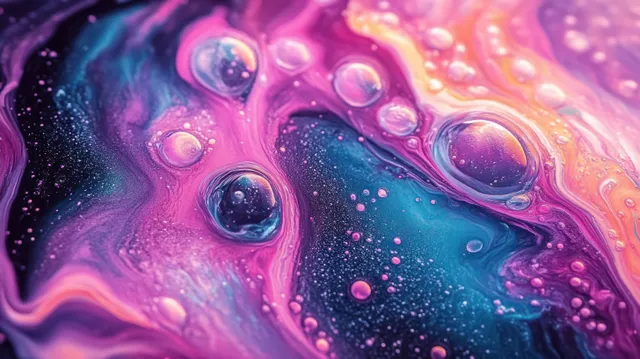 Colorful liquid swirls in purple, pink, blue, and orange with glossy bubbles and smooth flowing textures.