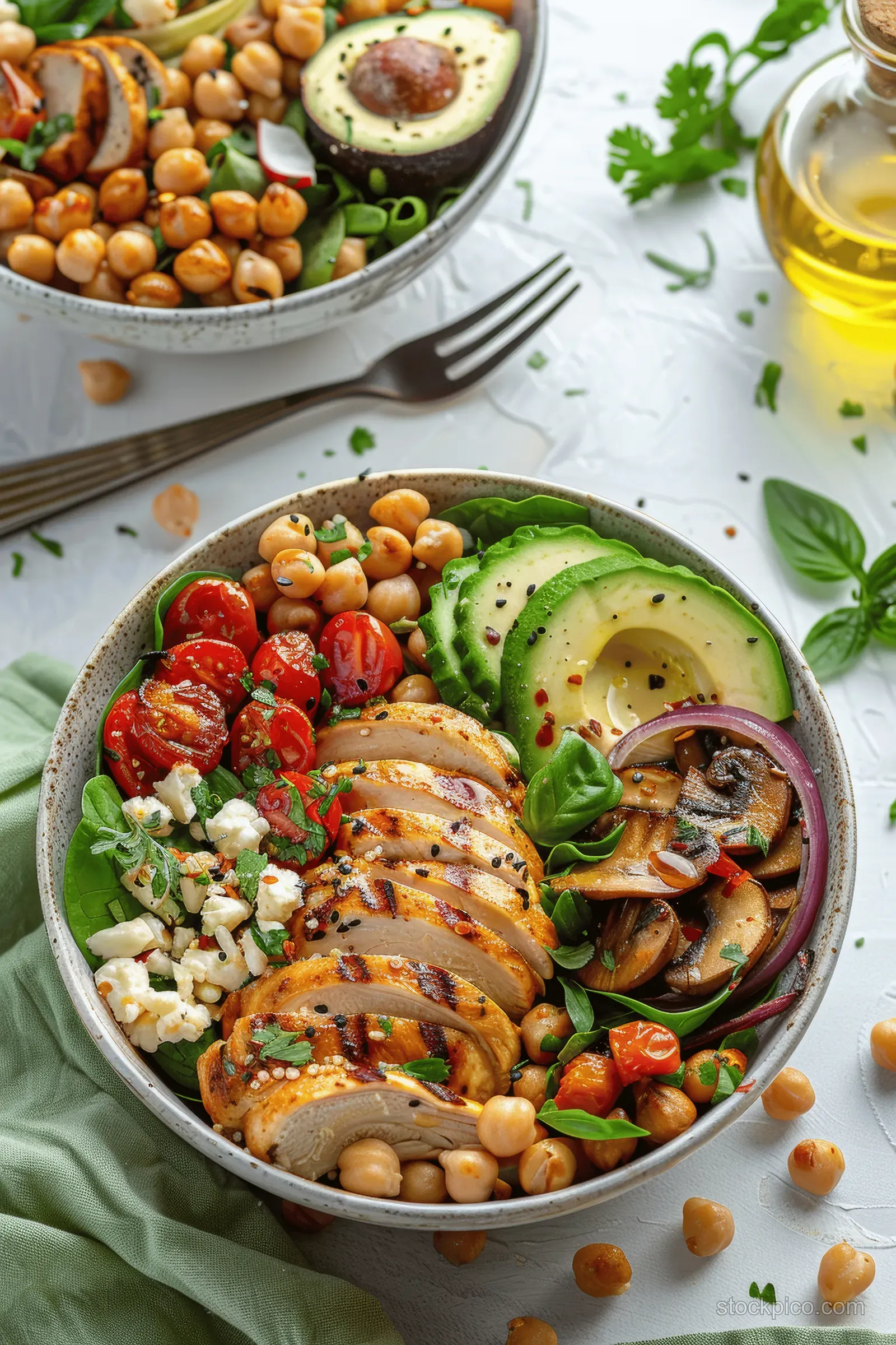 Grilled chicken shawarma bowl with quinoa, chickpeas, avocado, roasted vegetables, and herbs in a green bowl.