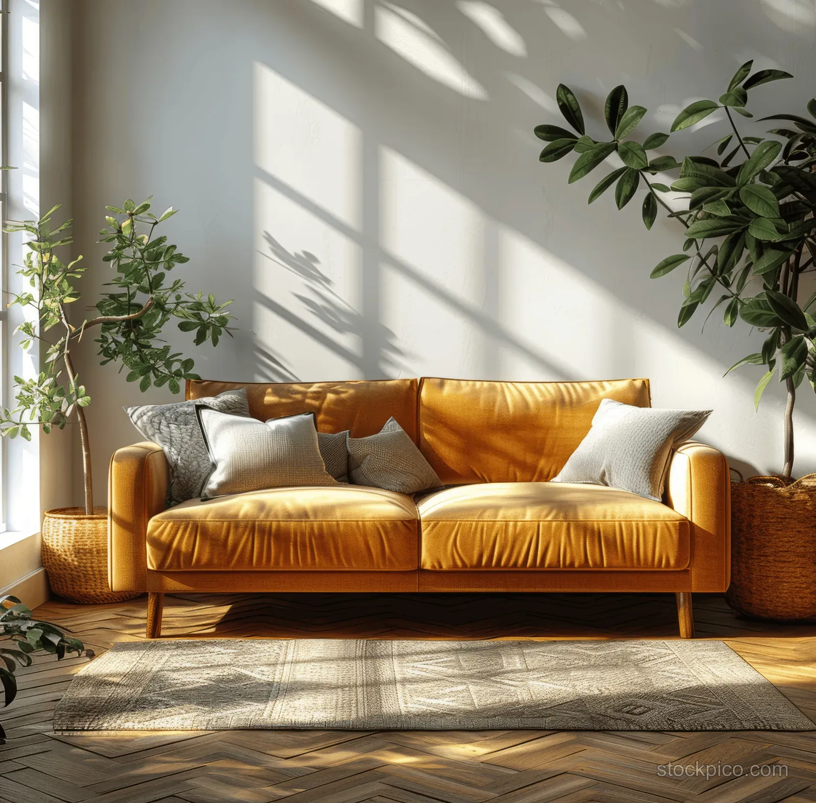 Sunlit boho living room corner with a golden sofa, patterned rug, parquet floor, and potted green plants.