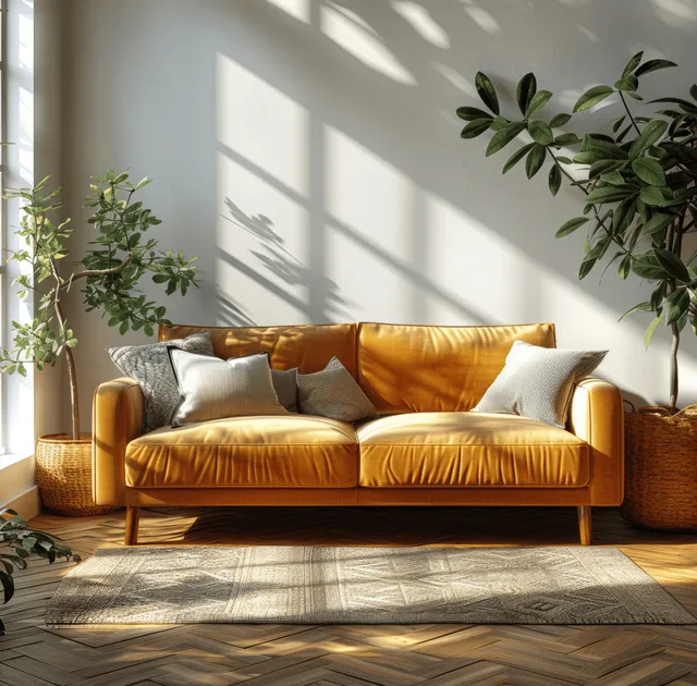 Sunlit boho living room corner with a golden sofa, patterned rug, parquet floor, and potted green plants.