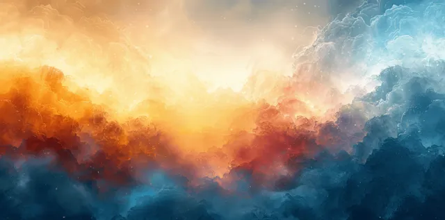 Abstract watercolor sky over a misty landscape with green-blue gradient clouds