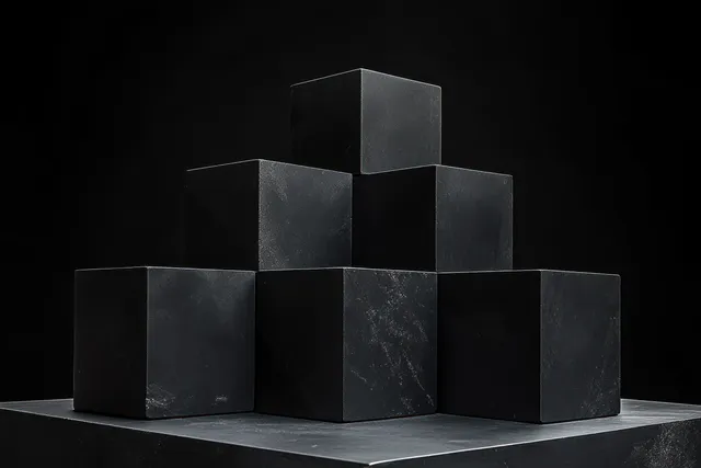 Minimal black stage with stacked abstract cubes under soft spotlight and deep shadows