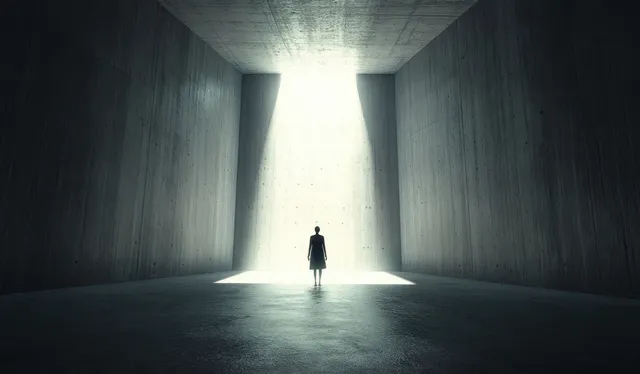 A solitary figure stands in a dark concrete room beneath a bright vertical beam of light.