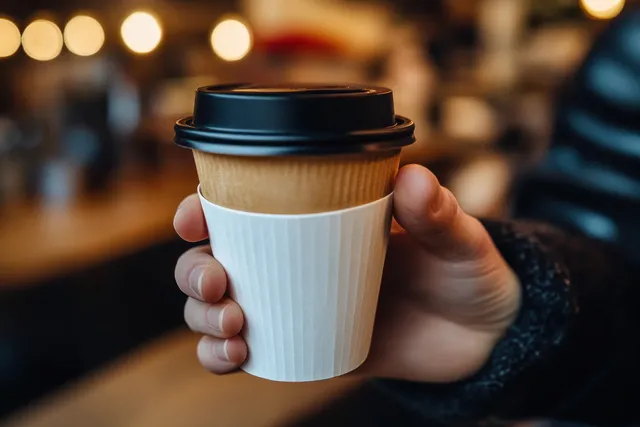 Hand holding a brown paper takeaway coffee cup with a black lid in a softly lit indoor cafe background.